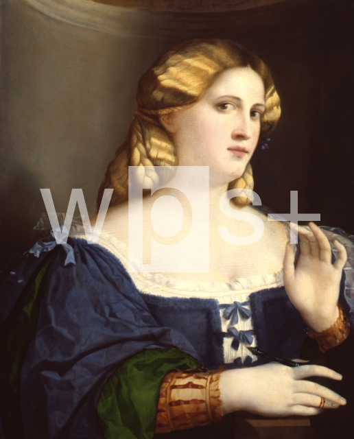 PALMA VECCHIO (Jacopo Negretti)｜扇を持つ青い衣装の若い女性