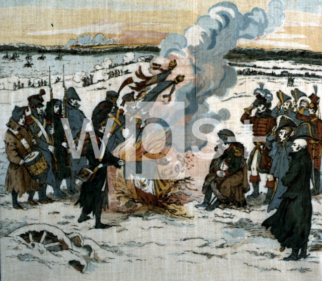 ｜ナポレオンの前でフランス国旗を燃やし暖を取るフランス兵