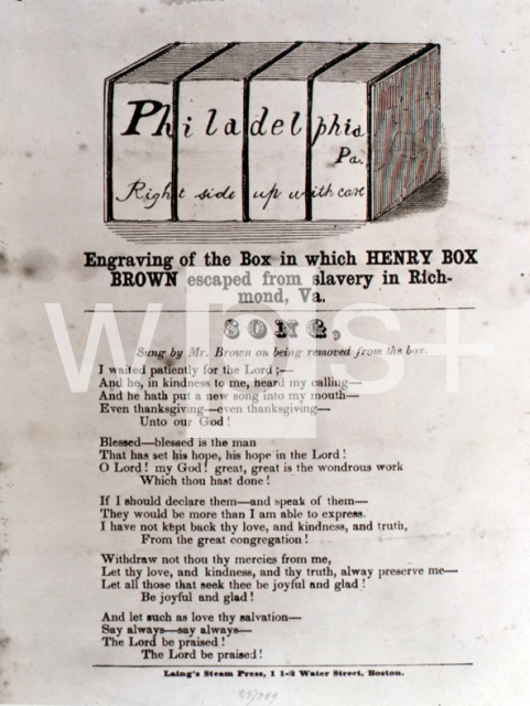 ｜ヴァージニア州のリッチモンドの奴隷（状態）から逃亡してきたヘンリー・ボックス・ブラウンが入っていた箱の版画