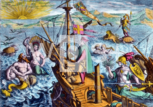 BRY Theodor de｜海神や海のニンフ達に導かれて海原を行くヴェスプッチの船