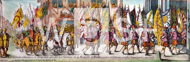 ｜ロクロワの戦いで奪った軍旗を持って戦勝を感謝する為ノートルダム寺院へ向かうフランス軍、1643年5月19日