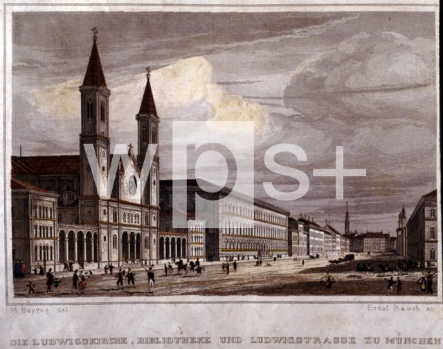 ｜ミュンヘンのルートヴィヒ教会と図書館、1840年