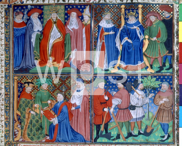｜聖職者（左上図）、皇帝・国王（右上図）、貴族（左下）、職人（右下）