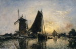 JONGKIND Johan Barthold｜オランダにて、風車の傍の小舟